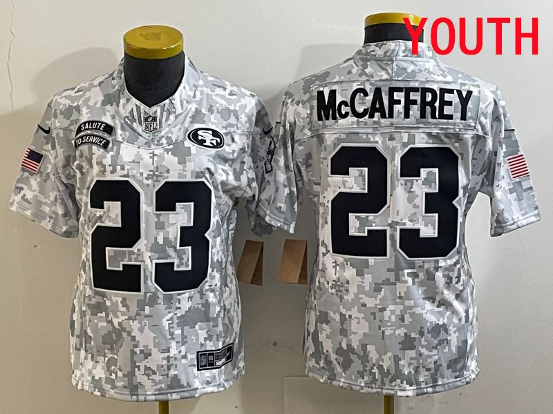 Youth San Francisco 49ers #23 Mccaffrey Nike Arctic Camo 2025 Salute to Service Limited NFL Jersey style 1->youth nfl jersey->Youth Jersey